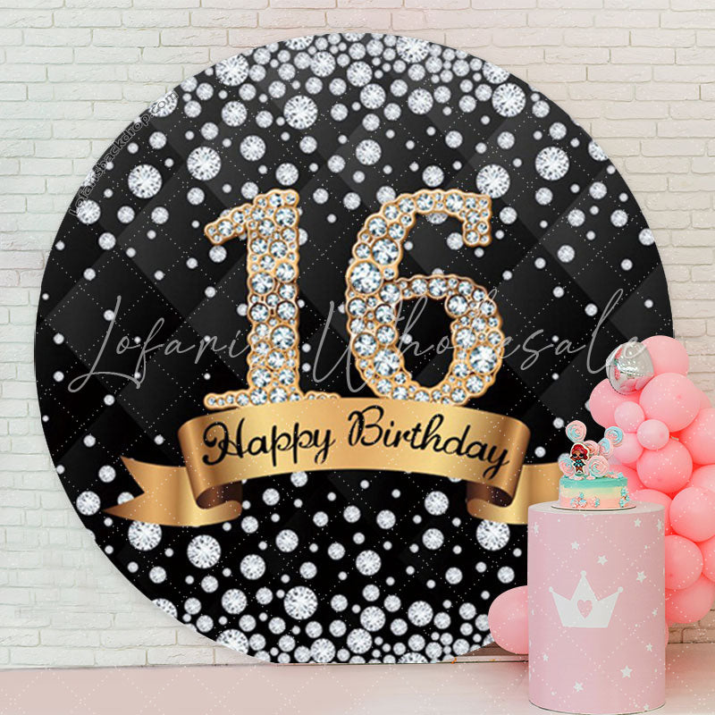 Lofaris Diamond Black Gold Happy 16th Birthday Round Backdrop