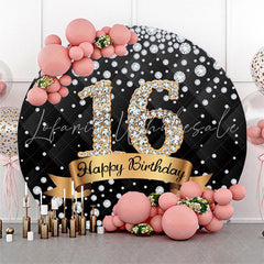 Lofaris Diamond Black Gold Happy 16th Birthday Round Backdrop