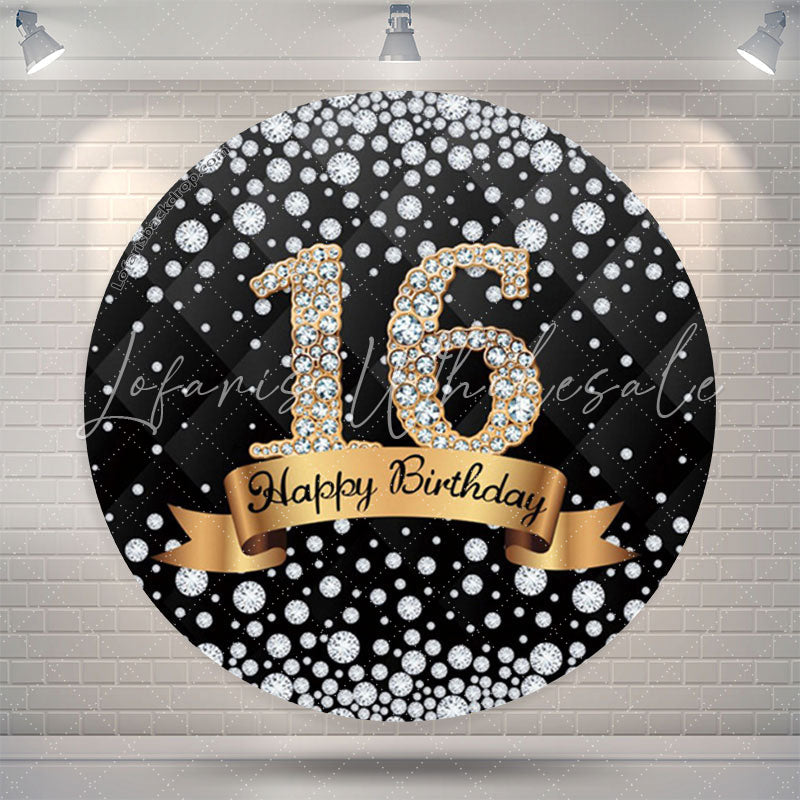 Lofaris Diamond Black Gold Happy 16th Birthday Round Backdrop