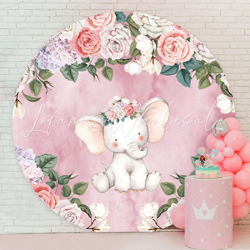 Lofaris Elephant Floral Girls Baby Shower Round Backdrop
