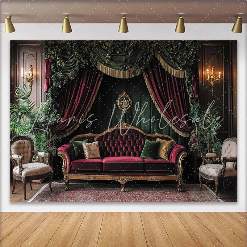 Elevate Vintage Victorian Portrait Backdrop with Red Velvet Sofa and Green Curtains Elegant Studio Background for Professional Photography