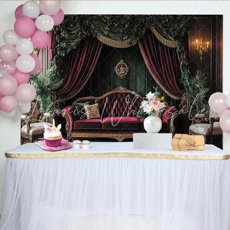 Elevate Vintage Victorian Portrait Backdrop with Red Velvet Sofa and Green Curtains Elegant Studio Background for Professional Photography