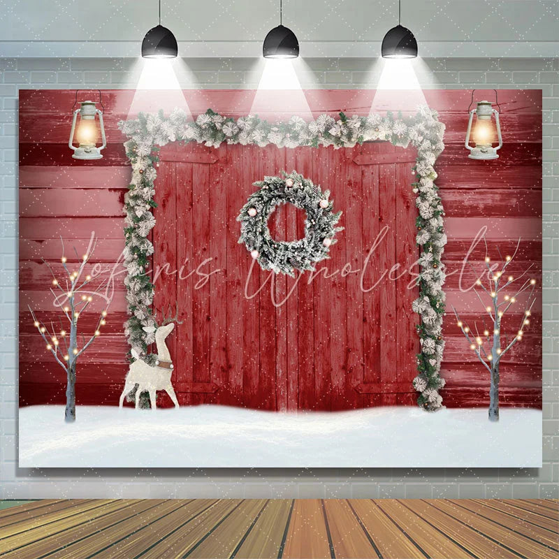 Lofaris Elk With Red Wood Door Christmas Party Theme Backdrop