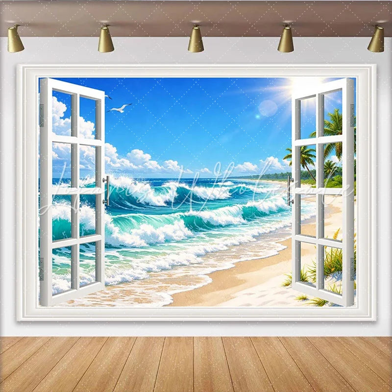 Escape Tropical Beach Open Window Photography Backdrop Palm Trees Sunny Seascape View for Photoshoot