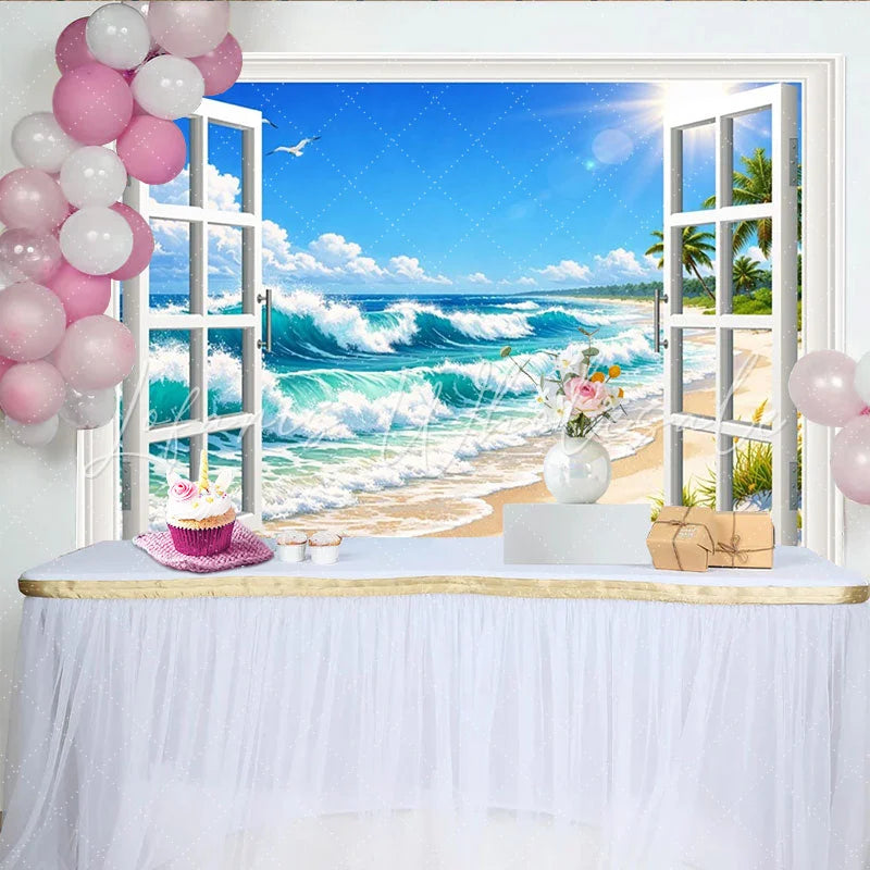 Escape Tropical Beach Open Window Photography Backdrop Palm Trees Sunny Seascape View for Photoshoot