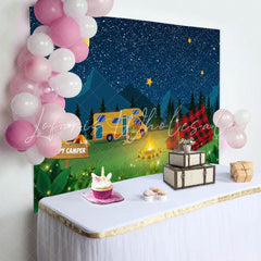 Fake Campfire Starry Night Happy Camper Backdrop For Classroom Party