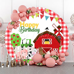 Lofaris Farmhouse Animals Red Lattice Round Birthday Backdrop
