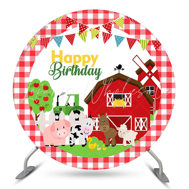 Lofaris Farmhouse Animals Red Lattice Round Birthday Backdrop