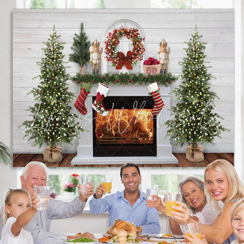 Lofaris Fireplace Snow Socks Christmas Tree Lights White Wall Backdrop