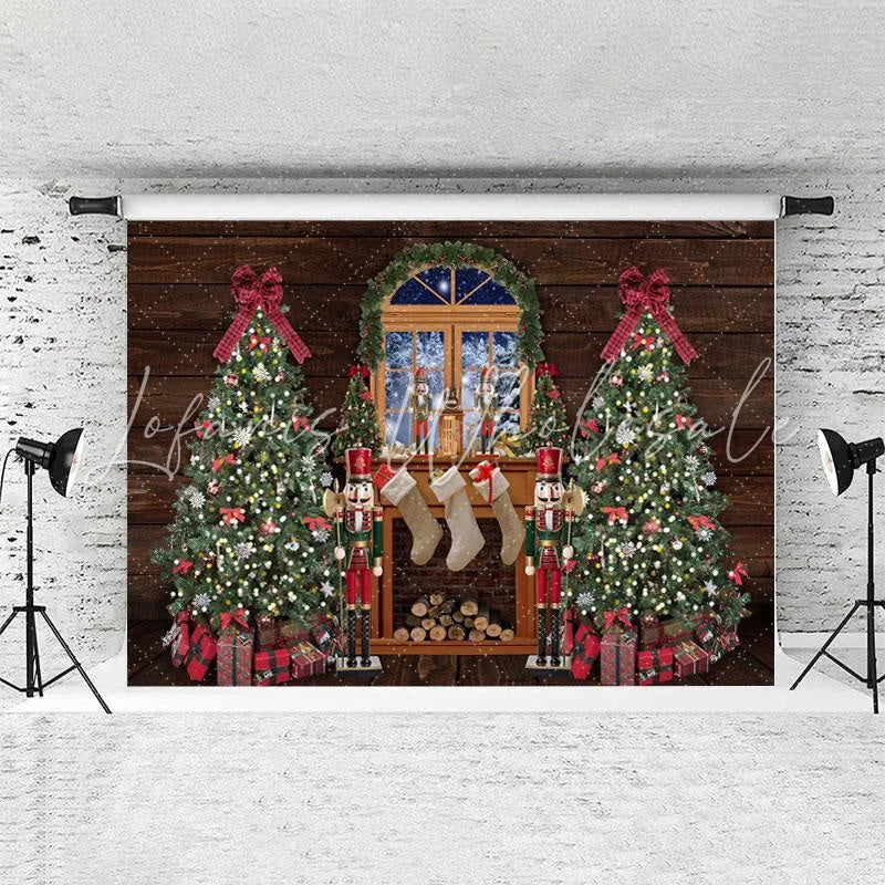 Lofaris Fireplace Stocking Window Wooden Christmas Tree Backdrops