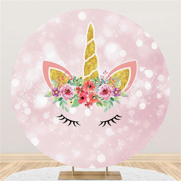 Lofaris Floral And Glitter Pink Unicorn Round Birthday Backdrop