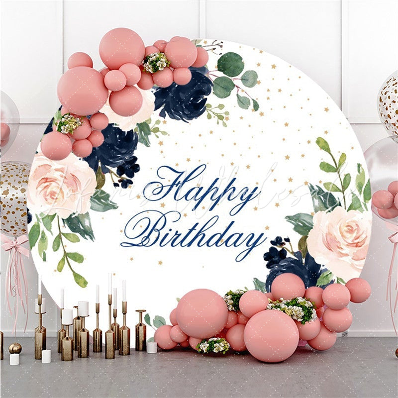 Lofaris Floral And Leaves Giltter Circle Happy Birthday Backdrop