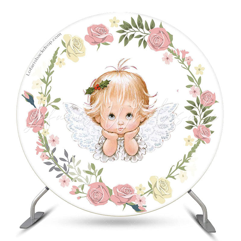 Lofaris Floral Baby Angel Girl Baptism Round Backdrop Cover