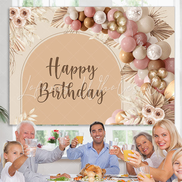 Lofaris Floral Balloon Light Brown Boho Happy Birthday Backdrop