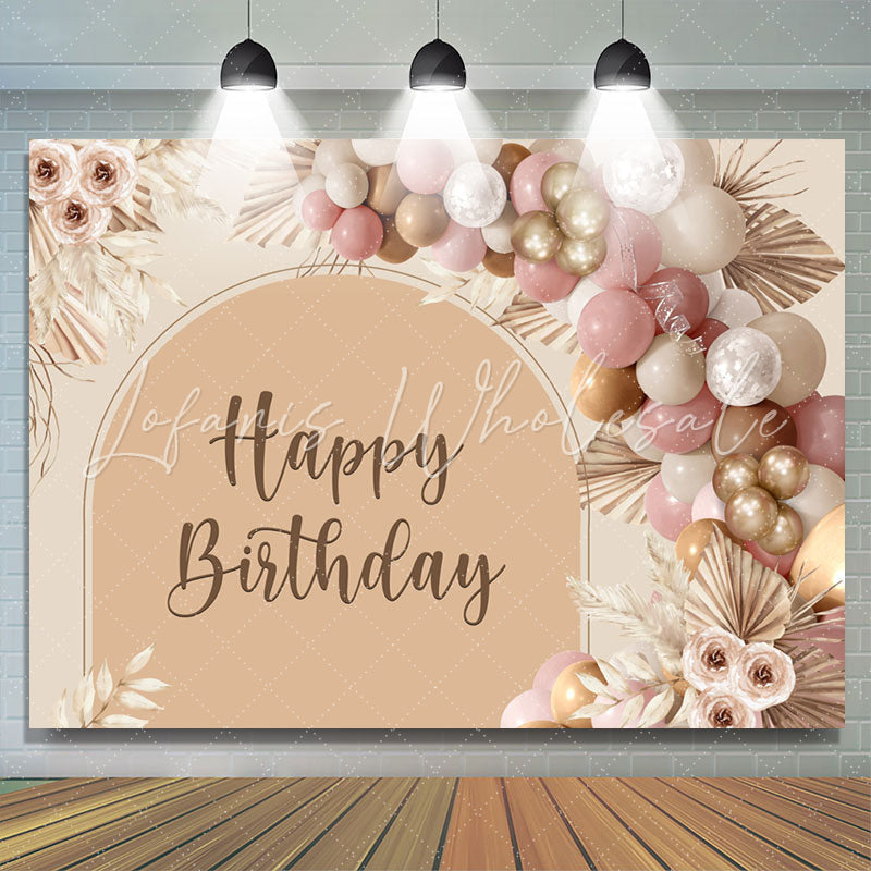 Lofaris Floral Balloon Light Brown Boho Happy Birthday Backdrop