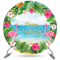 Lofaris Floral Beach And Flamigo Happy Birthday Round Backdrop