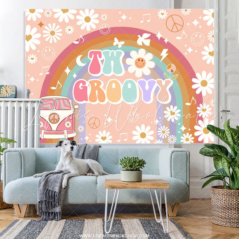 Lofaris Floral Car Rainbow Happy 2Nd Birthday Backdrop