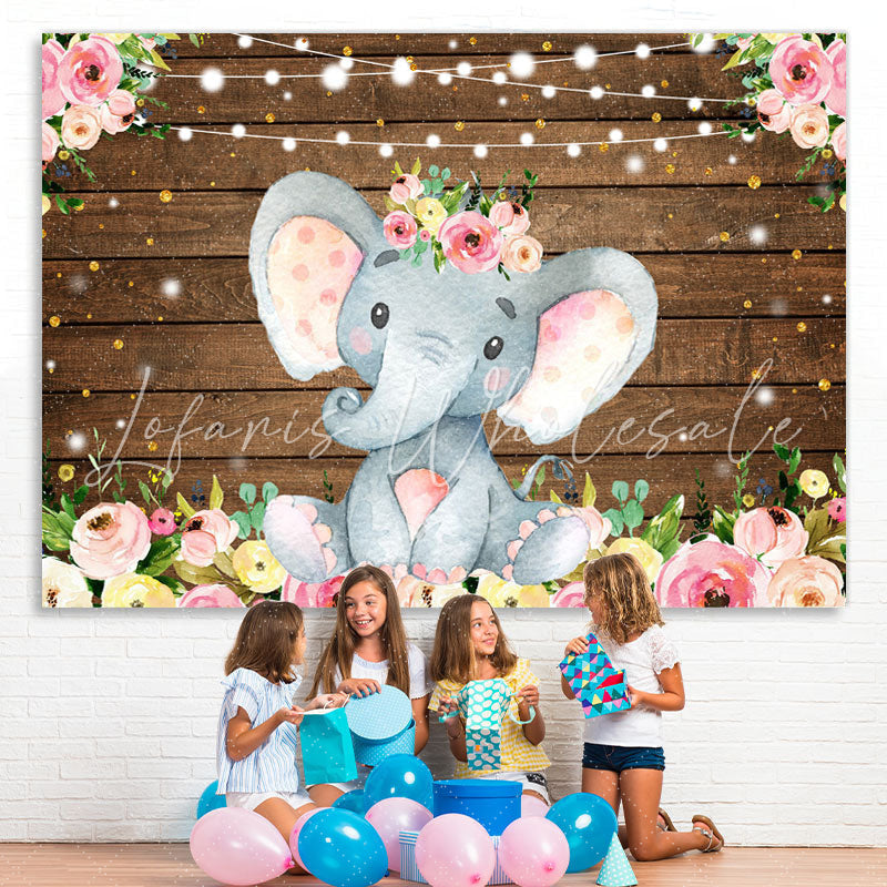 Lofaris Floral Elephant Light Glitter Wood Birthday Backdrop for Girl