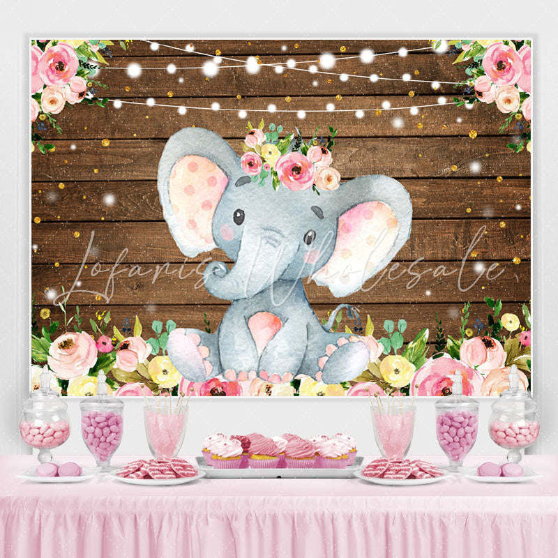 Lofaris Floral Elephant Light Glitter Wood Birthday Backdrop for Girl