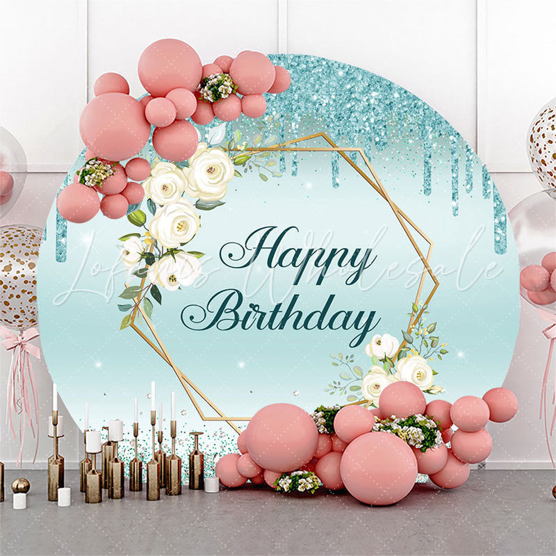 Lofaris Floral Glitter Blue Round Happy Birthday Backdrop