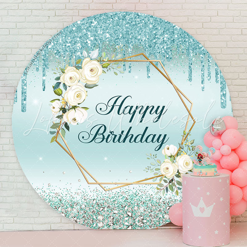Lofaris Floral Glitter Blue Round Happy Birthday Backdrop