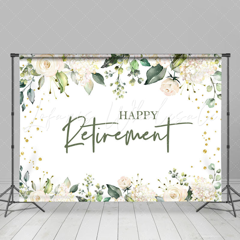 Lofaris Floral Gold Glitter White Happy Retirement Backdrop