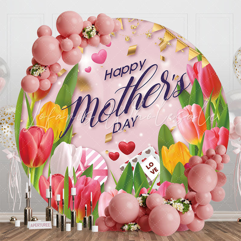 Lofaris Floral Gold Ribbon Gift Round Mothers Day Backdrop