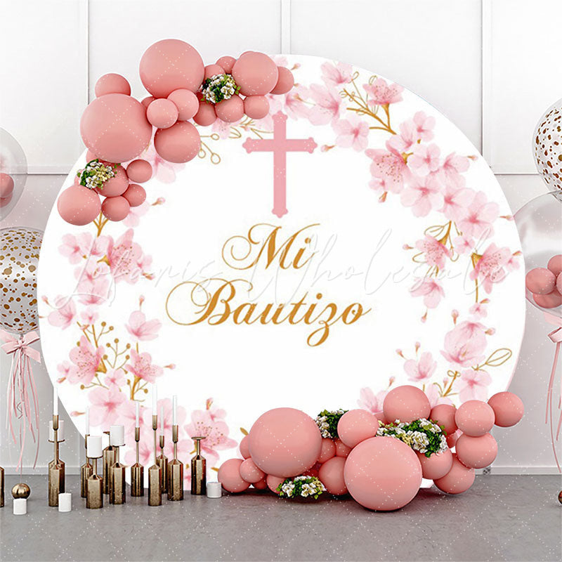 Lofaris Floral Mi Bautizo Cross Round Baptism Backdrop