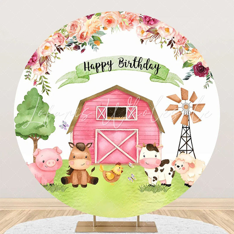 Lofaris Floral Pink Farm Animals Round Birthday Backdrop