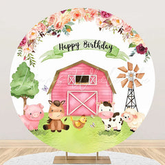 Lofaris Floral Pink Farm Animals Round Birthday Backdrop