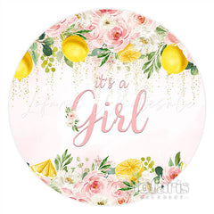 Lofaris Floral Pink Lemon Its A Girl Round Baby Shower Backdrop