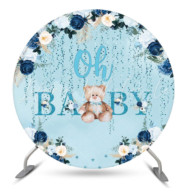 Lofaris Floral Teddy Bear Blue Baby Shower Round Backdrop