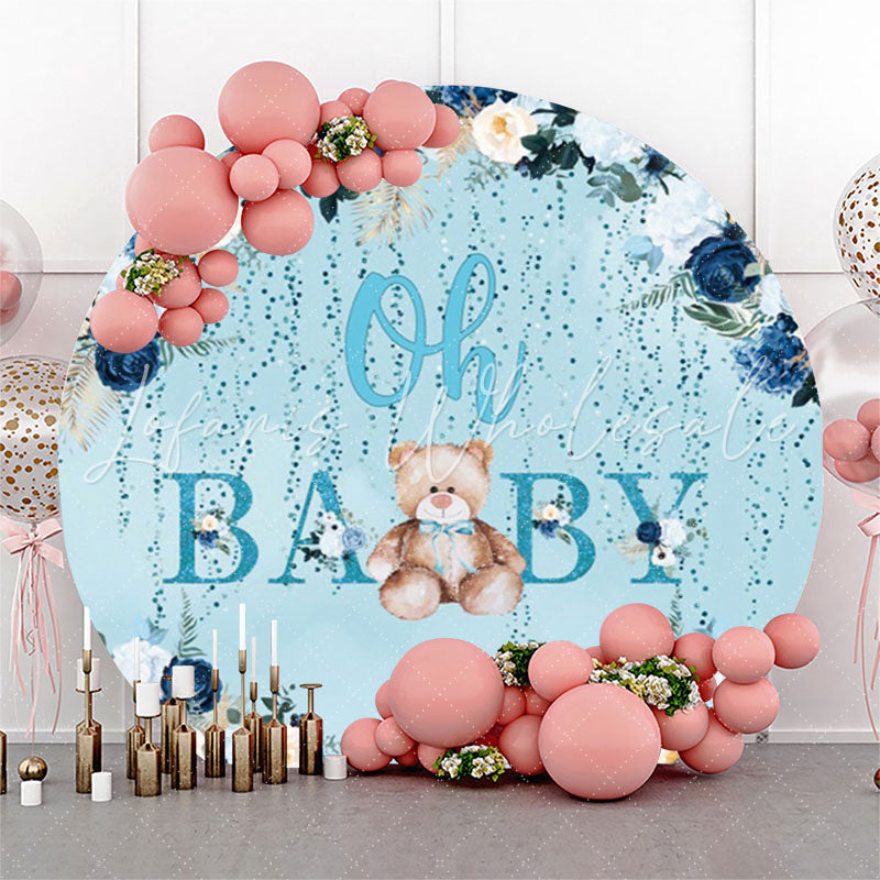 Lofaris Floral Teddy Bear Blue Baby Shower Round Backdrop