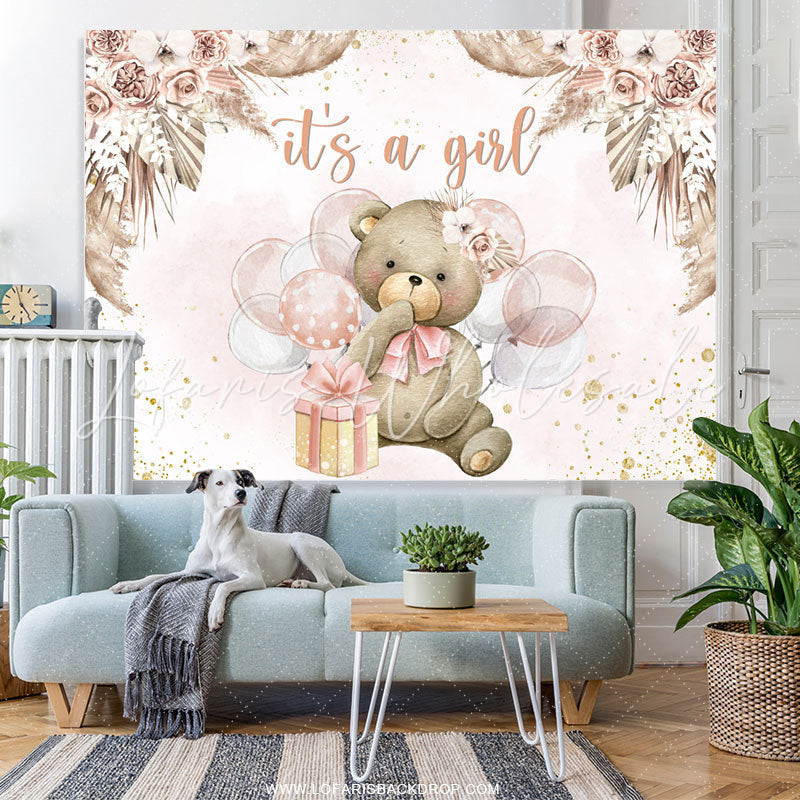 Lofaris Floral Teddy Bear With Balloon Baby Shower Backdrop