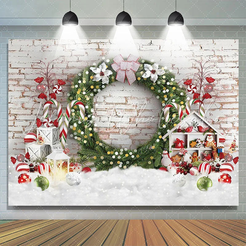 Lofaris Floral Wreath Cloud Brick Wall Christmas Backdrop