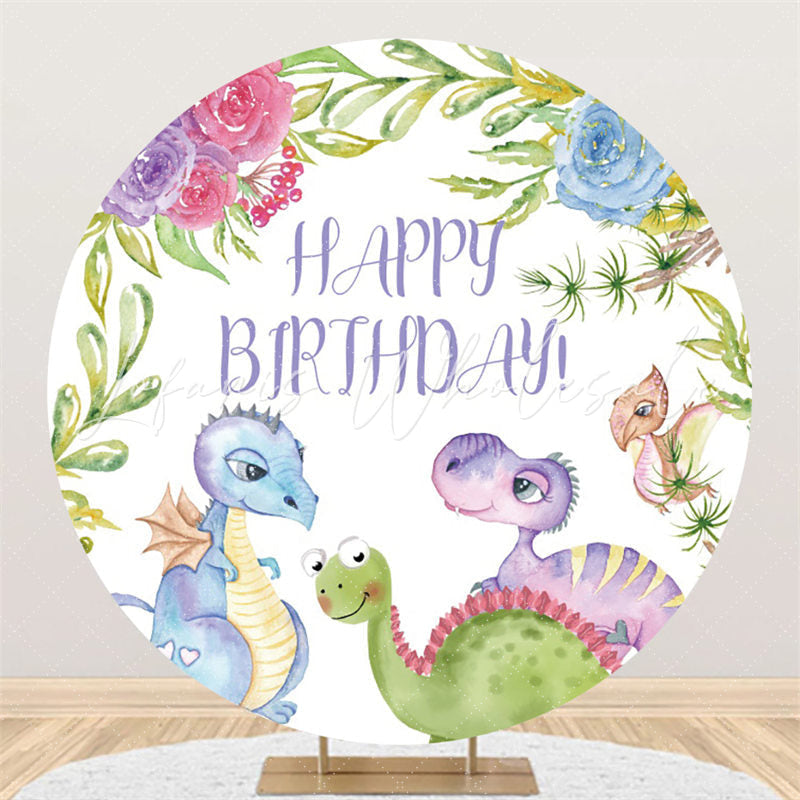 Lofaris Flower And Dinosaur Family Happy Birthday Circle Backdrop