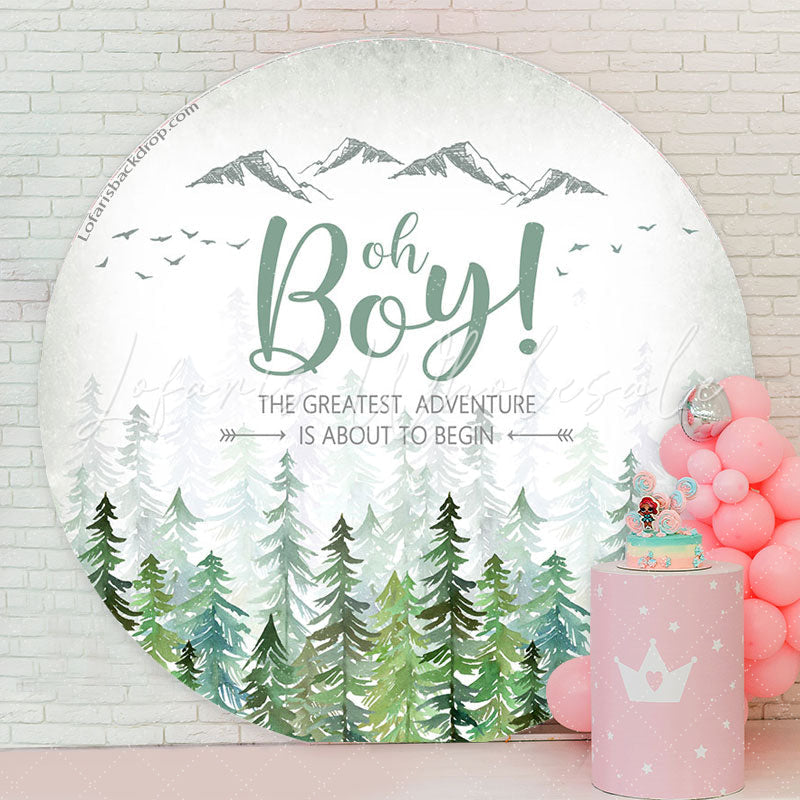 Lofaris Forest Mountain Oh Boy Round Baby Shower Backdrop
