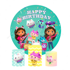 Gabby’S Theme Birthday Party Round Backdrop Cover Plinth Cylinder Pedestal Cloth Cover