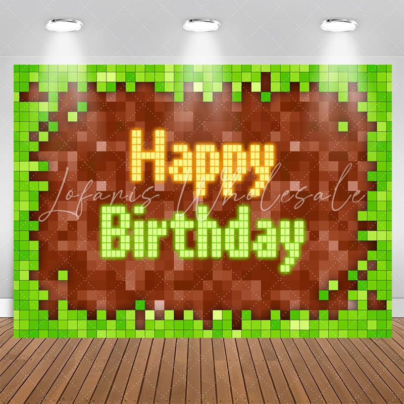 Lofaris Game Pixel Green Brown Boy Happy Birthday Backdrop