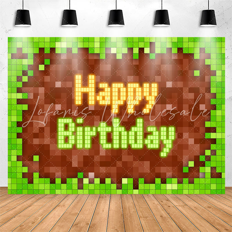 Lofaris Game Pixel Green Brown Boy Happy Birthday Backdrop