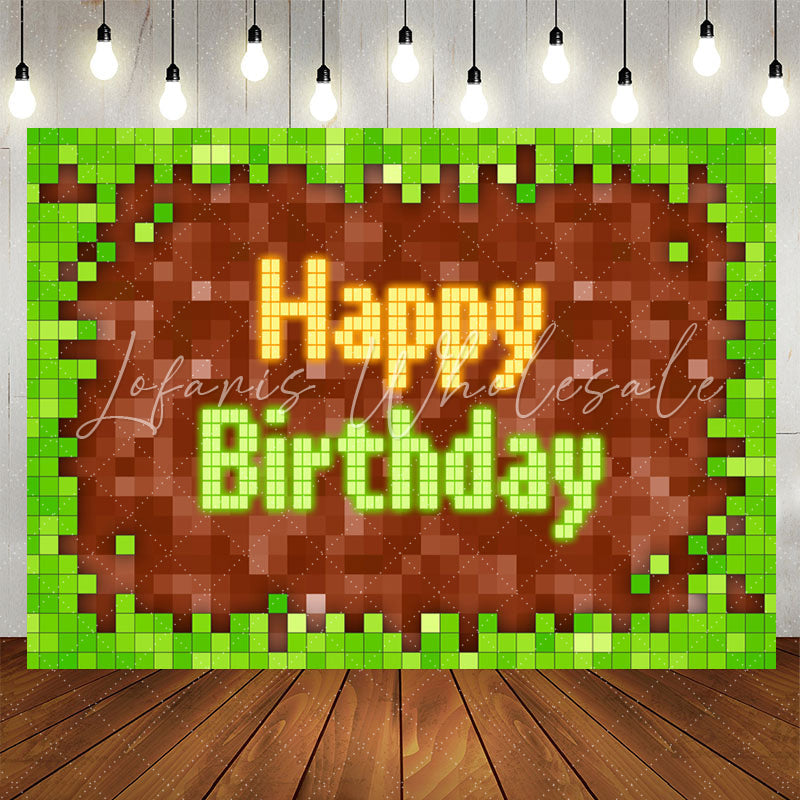 Lofaris Game Pixel Green Brown Boy Happy Birthday Backdrop