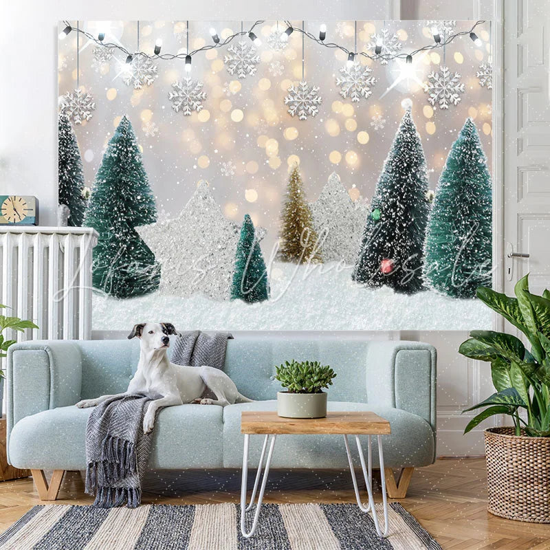 Lofaris Glitter And Snowy Tree With Silver Star Winter Backdrop