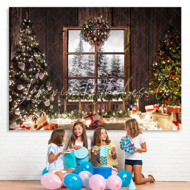 Lofaris Glitter And Snpwy Christmas Trees With Balls Backdrop