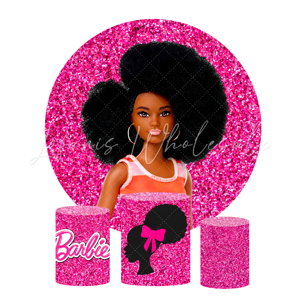 Glitter Barbie Birthday Party Round Backdrop Cover Plinth Cylinder Pedestal Cover