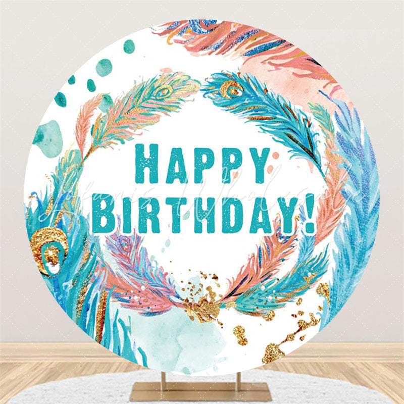 Lofaris Glitter Blue Feather Happy Birthday Round Backdrop