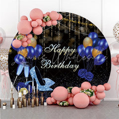 Lofaris Glitter Blue Gold Balloon Circle Happy Birthday Backdrop