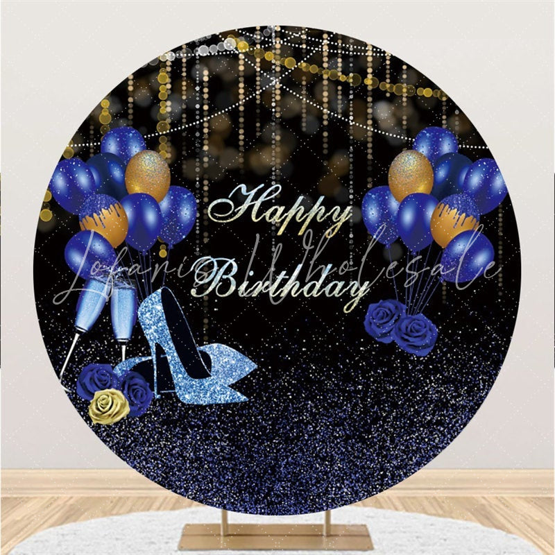 Lofaris Glitter Blue Gold Balloon Circle Happy Birthday Backdrop