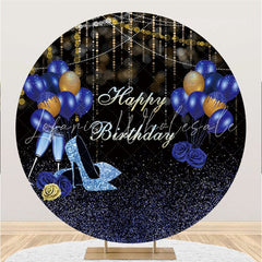 Lofaris Glitter Blue Gold Balloon Circle Happy Birthday Backdrop