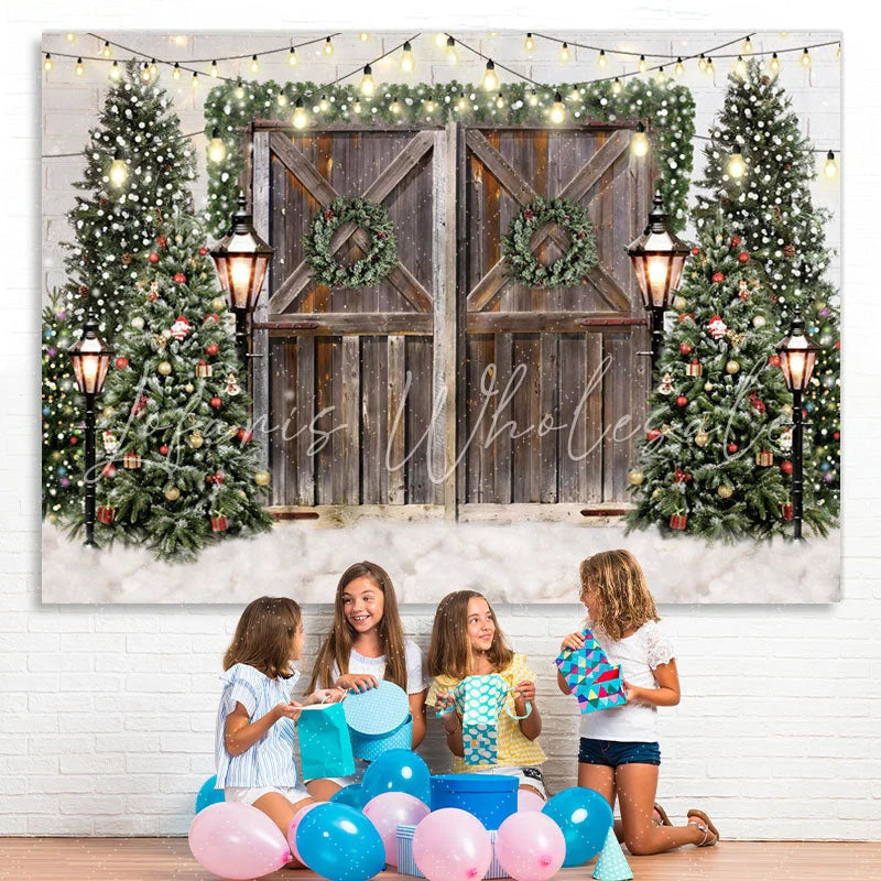 Lofaris Glitter Christmas Trees With Street Lamps Backdrop