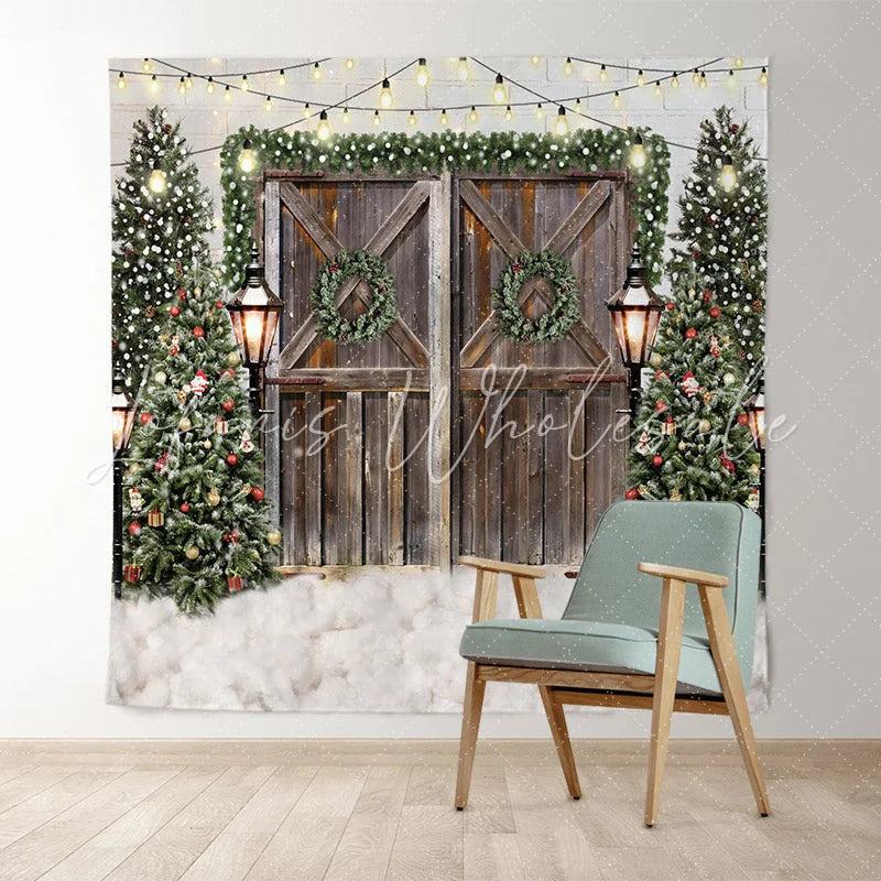 Lofaris Glitter Christmas Trees With Street Lamps Backdrop